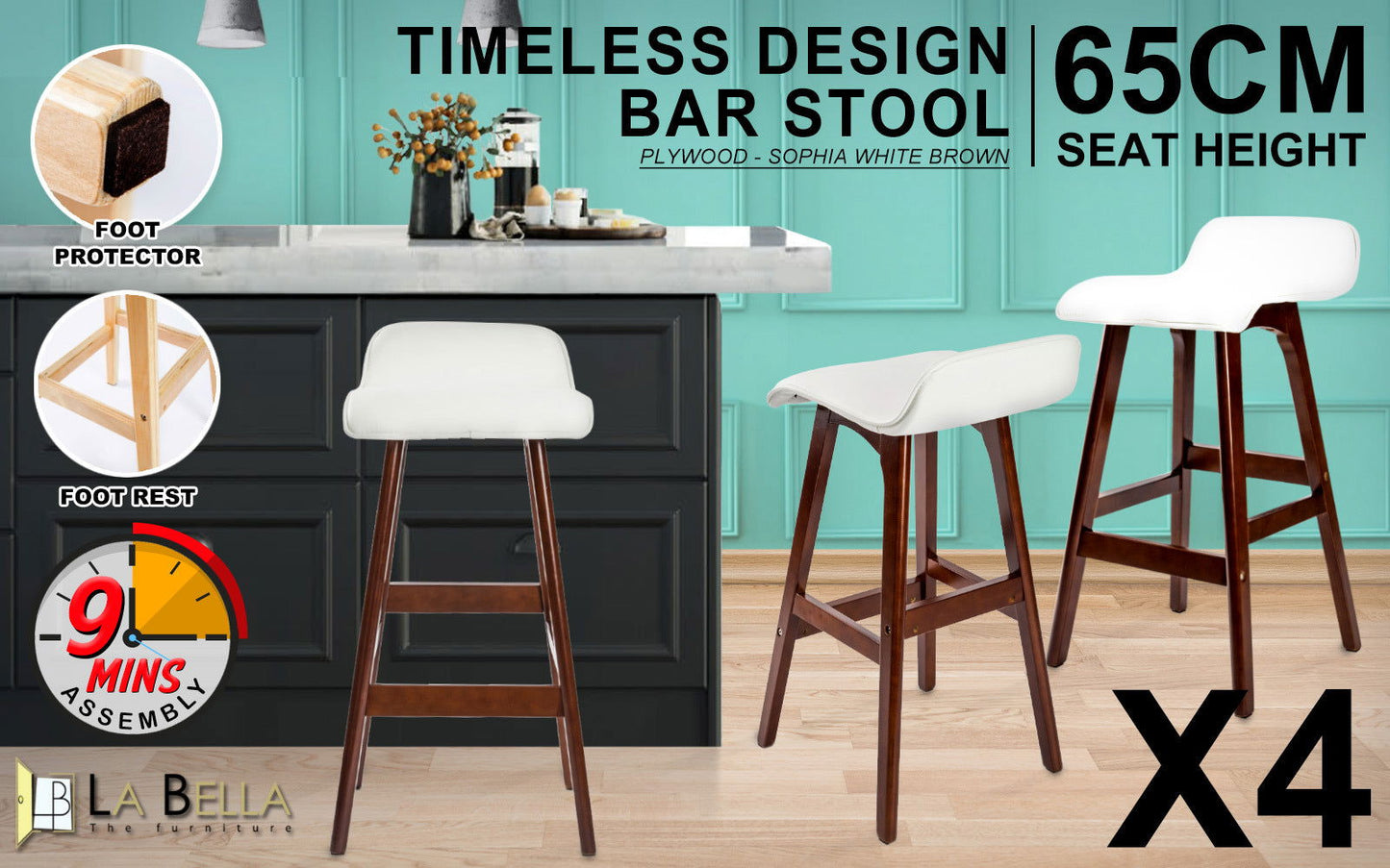 4X Wooden Bar Stool Dining Chair Leather SOPHIA 65cm WHITE BROWN - Cosy Abode