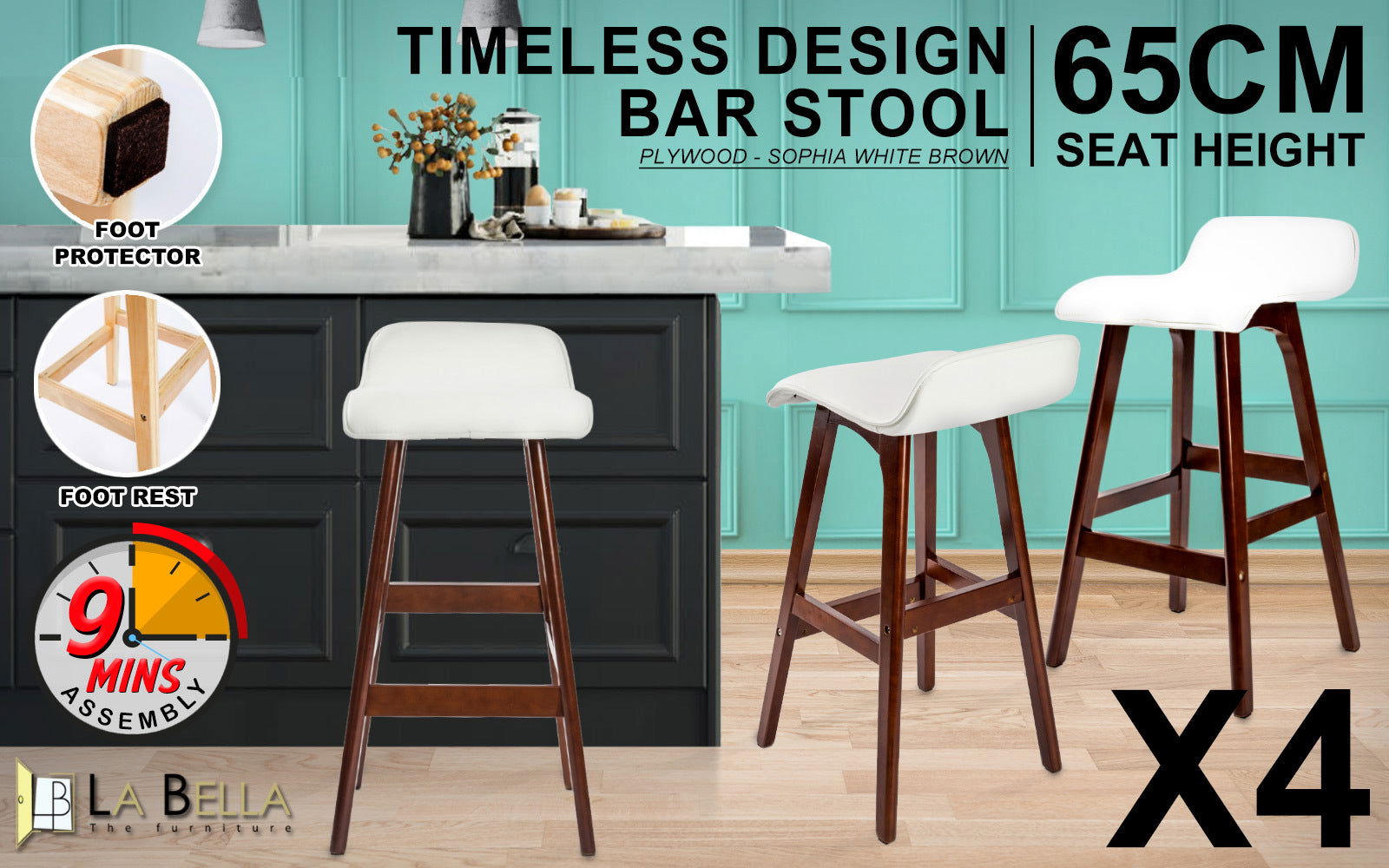 4X Wooden Bar Stool Dining Chair Leather SOPHIA 65cm WHITE BROWN - Cosy Abode