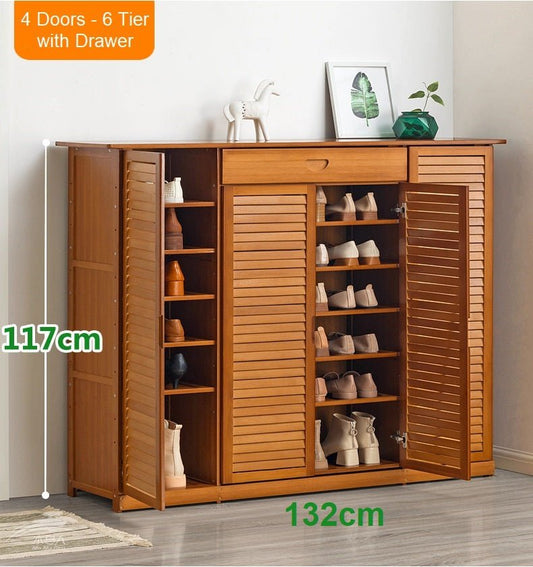 4 Doors 6 Tier with Drawer Bamboo Large Capacity Storage Hallway Shelf Shoe Rack Cabinet - Cosy Abode