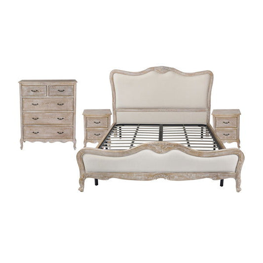 4 Pcs Bedroom Suite Oak Wood Plywood Veneer White Washed Finish in Queen Size - Cosy Abode