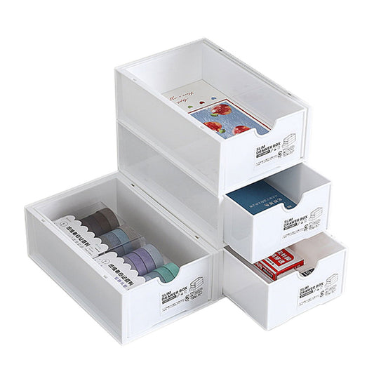 4 Pcs Set Stackable Desktop storage Box Drawer Transparent Plastic Stationery Cosmetic Organizer Box(White) - Cosy Abode