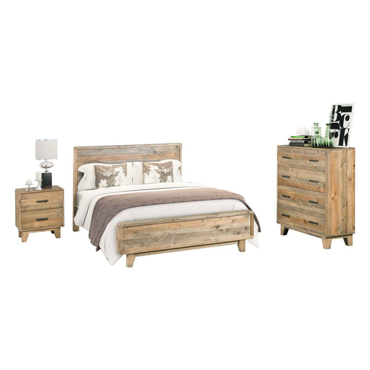 4 Pieces Bedroom Suite Double Size in Solid Wood Antique Design Light Brown Bed, Bedside Table & Tallboy - Cosy Abode