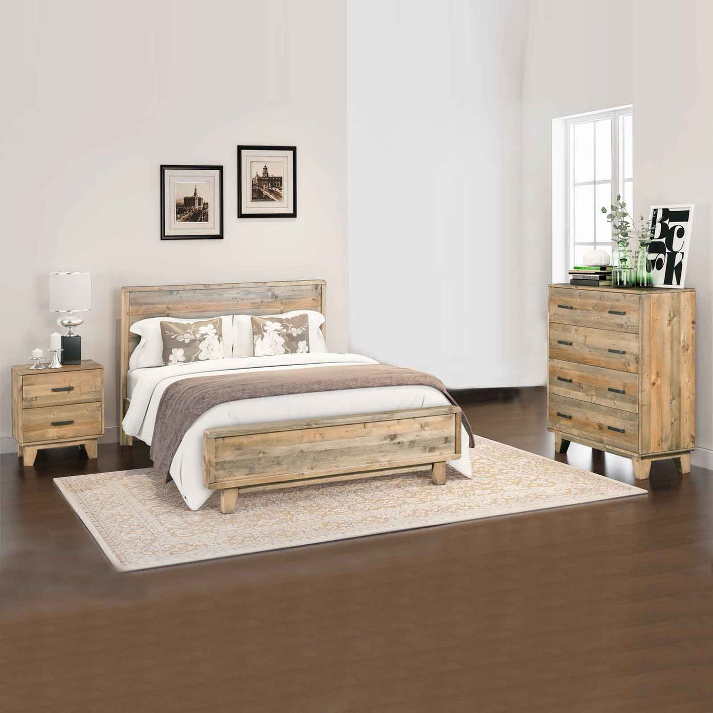 4 Pieces Bedroom Suite Double Size in Solid Wood Antique Design Light Brown Bed, Bedside Table & Tallboy - Cosy Abode