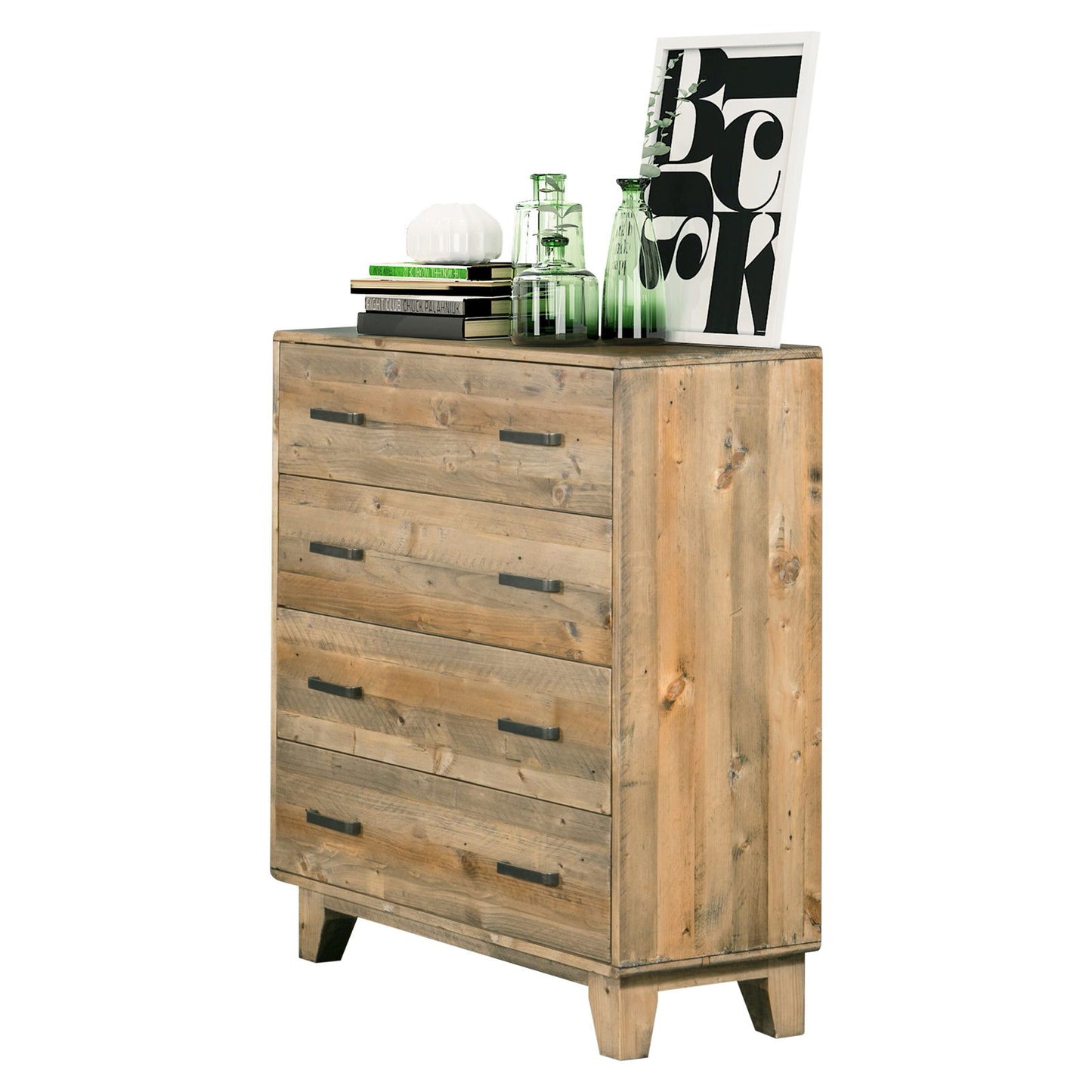 4 Pieces Bedroom Suite Double Size in Solid Wood Antique Design Light Brown Bed, Bedside Table & Tallboy - Cosy Abode