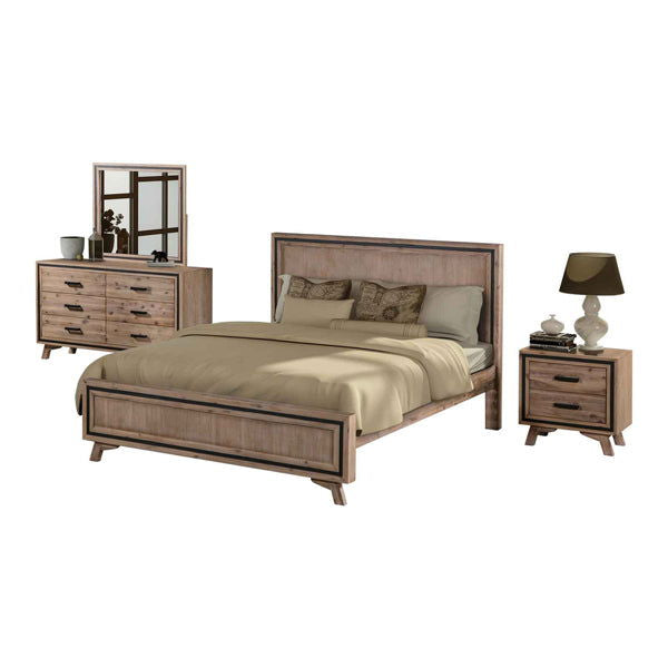 4 Pieces Bedroom Suite King Size Silver Brush in Acacia Wood Construction Bed, Bedside Table & Dresser - Cosy Abode