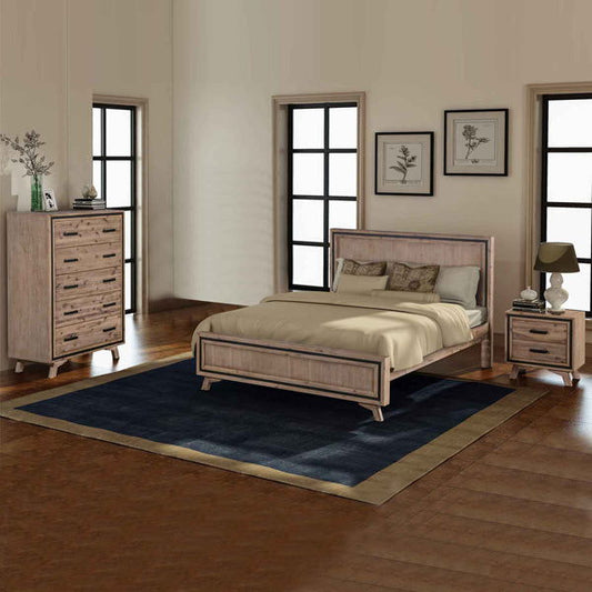 4 Pieces Bedroom Suite King Size Silver Brush in Acacia Wood Construction Bed, Bedside Table & Tallboy - Cosy Abode
