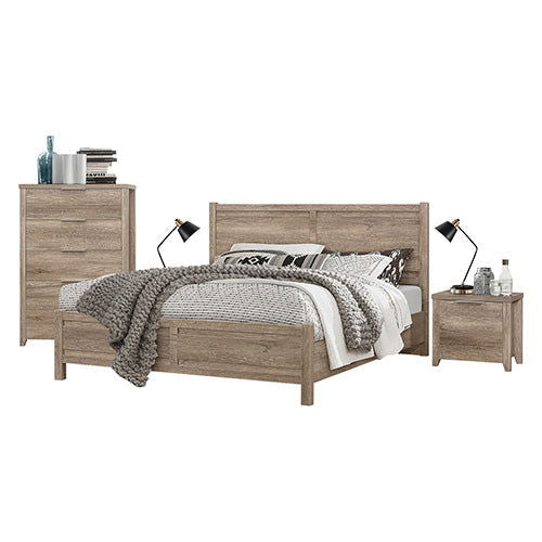 4 Pieces Bedroom Suite Natural Wood Like MDF Structure Double Size Oak Colour Bed, Bedside Table & Tallboy - Cosy Abode