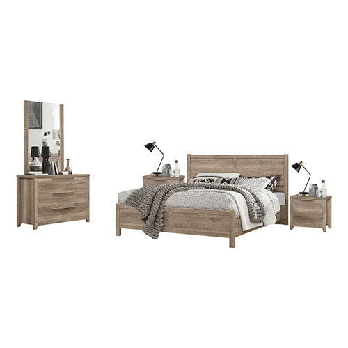 4 Pieces Bedroom Suite Natural Wood Like MDF Structure Queen Size Oak Colour Bed, Bedside Table & Dresser - Cosy Abode
