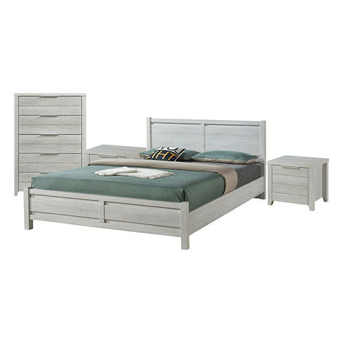 4 Pieces Bedroom Suite Natural Wood Like MDF Structure Queen Size White Ash Colour Bed, Bedside Table & Tallboy - Cosy Abode