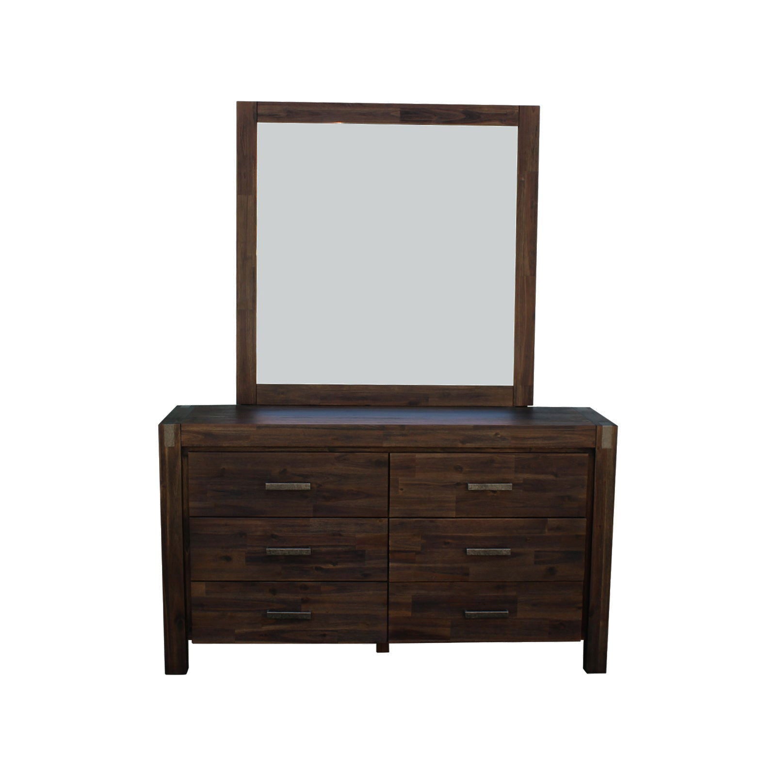 4 Pieces Bedroom Suite in Solid Wood Veneered Acacia Construction Timber Slat Double Size Chocolate Colour Bed, Bedside Table & Dresser - Cosy Abode