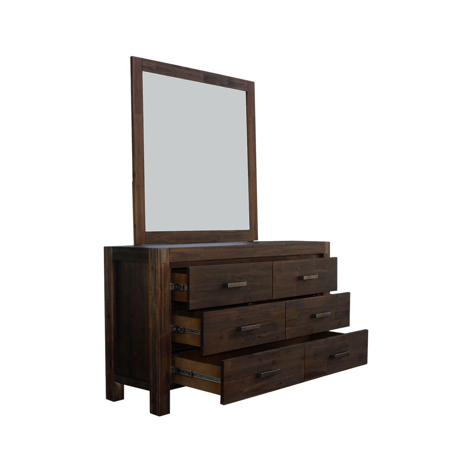 4 Pieces Bedroom Suite in Solid Wood Veneered Acacia Construction Timber Slat Double Size Chocolate Colour Bed, Bedside Table & Dresser - Cosy Abode