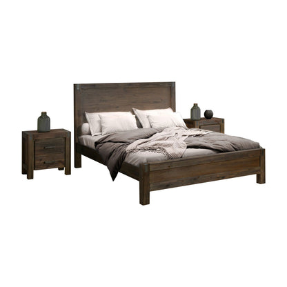 4 Pieces Bedroom Suite in Solid Wood Veneered Acacia Construction Timber Slat Double Size Chocolate Colour Bed, Bedside Table & Tallboy - Cosy Abode