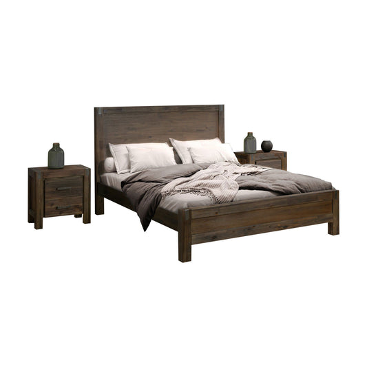 4 Pieces Bedroom Suite in Solid Wood Veneered Acacia Construction Timber Slat Double Size Chocolate Colour Bed, Bedside Table & Tallboy - Cosy Abode