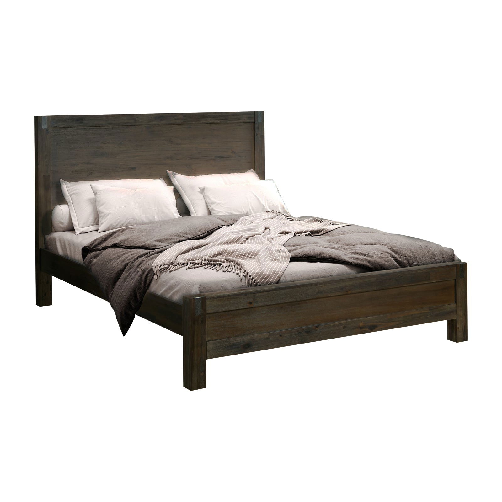 4 Pieces Bedroom Suite in Solid Wood Veneered Acacia Construction Timber Slat Double Size Chocolate Colour Bed, Bedside Table & Tallboy - Cosy Abode