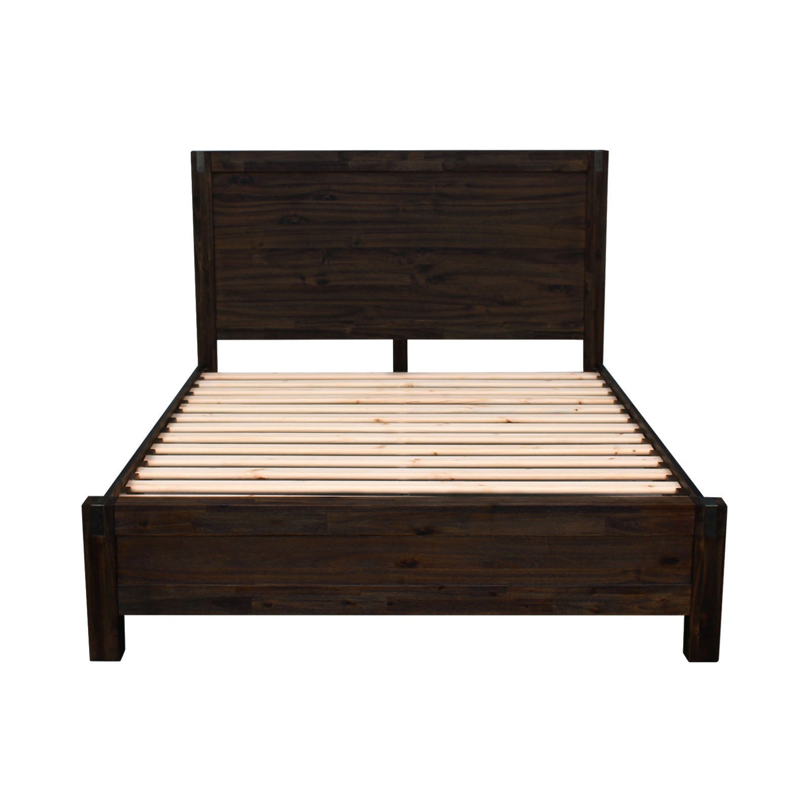4 Pieces Bedroom Suite in Solid Wood Veneered Acacia Construction Timber Slat Double Size Chocolate Colour Bed, Bedside Table & Tallboy - Cosy Abode