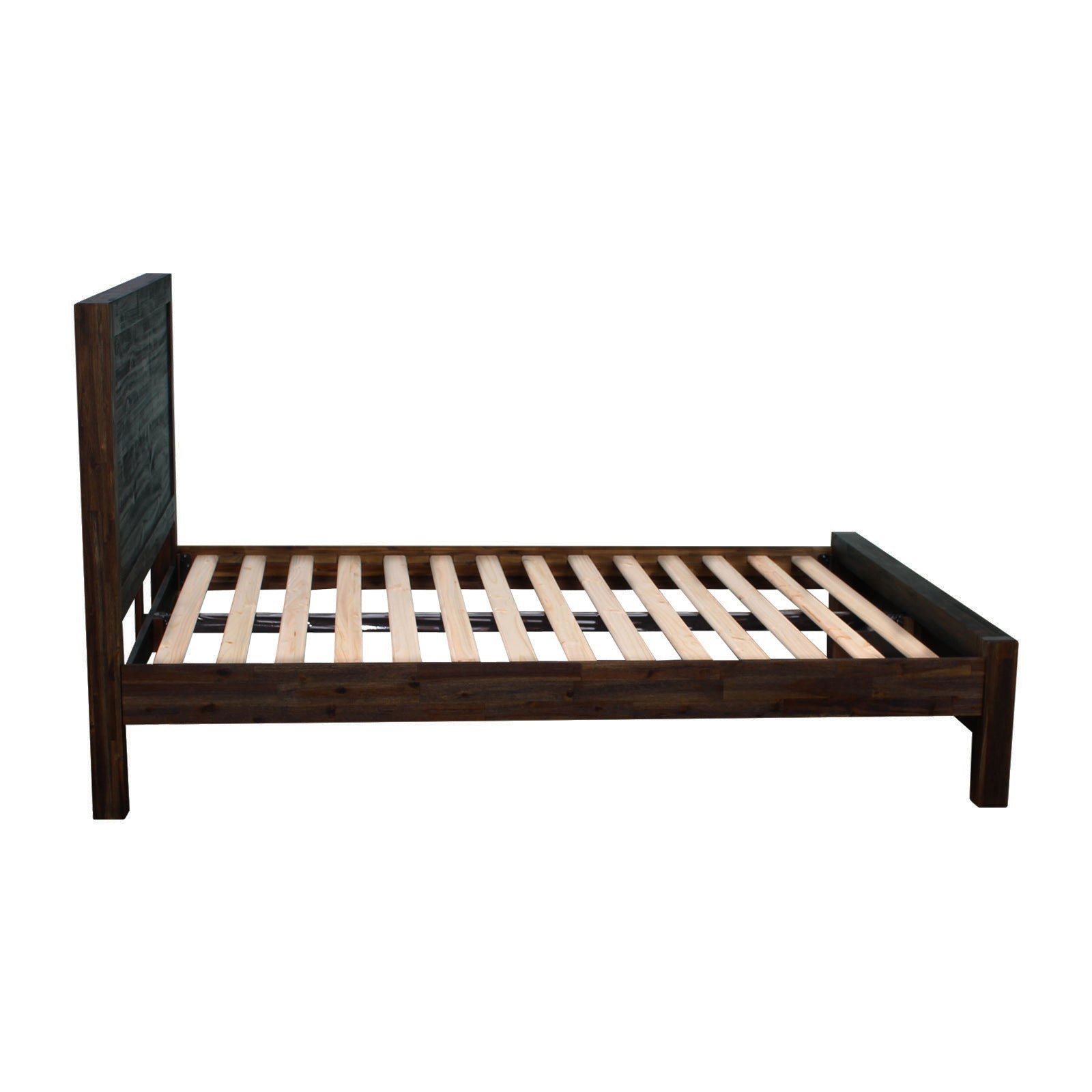 4 Pieces Bedroom Suite in Solid Wood Veneered Acacia Construction Timber Slat Double Size Chocolate Colour Bed, Bedside Table & Tallboy - Cosy Abode