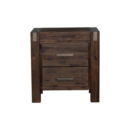 4 Pieces Bedroom Suite in Solid Wood Veneered Acacia Construction Timber Slat Double Size Chocolate Colour Bed, Bedside Table & Tallboy - Cosy Abode