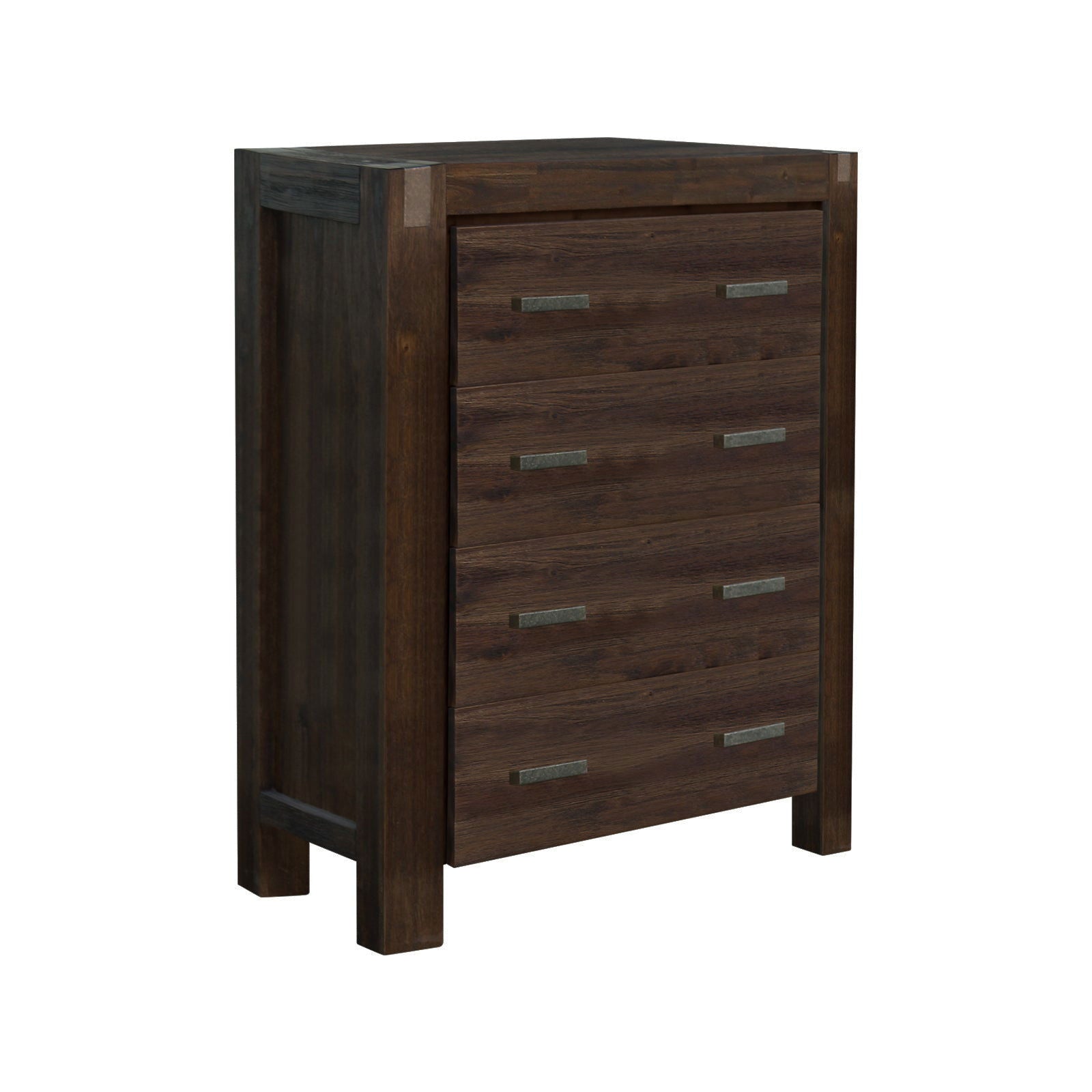 4 Pieces Bedroom Suite in Solid Wood Veneered Acacia Construction Timber Slat Double Size Chocolate Colour Bed, Bedside Table & Tallboy - Cosy Abode