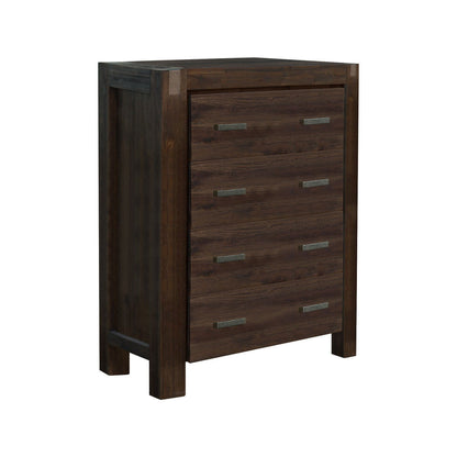 4 Pieces Bedroom Suite in Solid Wood Veneered Acacia Construction Timber Slat Double Size Chocolate Colour Bed, Bedside Table & Tallboy - Cosy Abode
