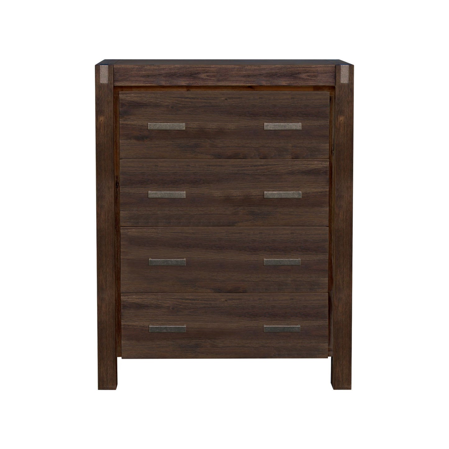 4 Pieces Bedroom Suite in Solid Wood Veneered Acacia Construction Timber Slat Double Size Chocolate Colour Bed, Bedside Table & Tallboy - Cosy Abode