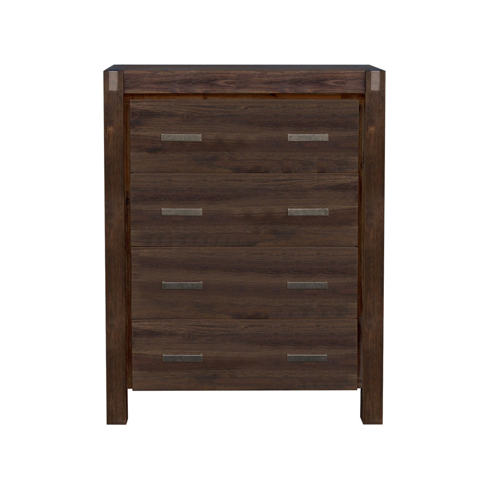 4 Pieces Bedroom Suite in Solid Wood Veneered Acacia Construction Timber Slat Double Size Chocolate Colour Bed, Bedside Table & Tallboy - Cosy Abode