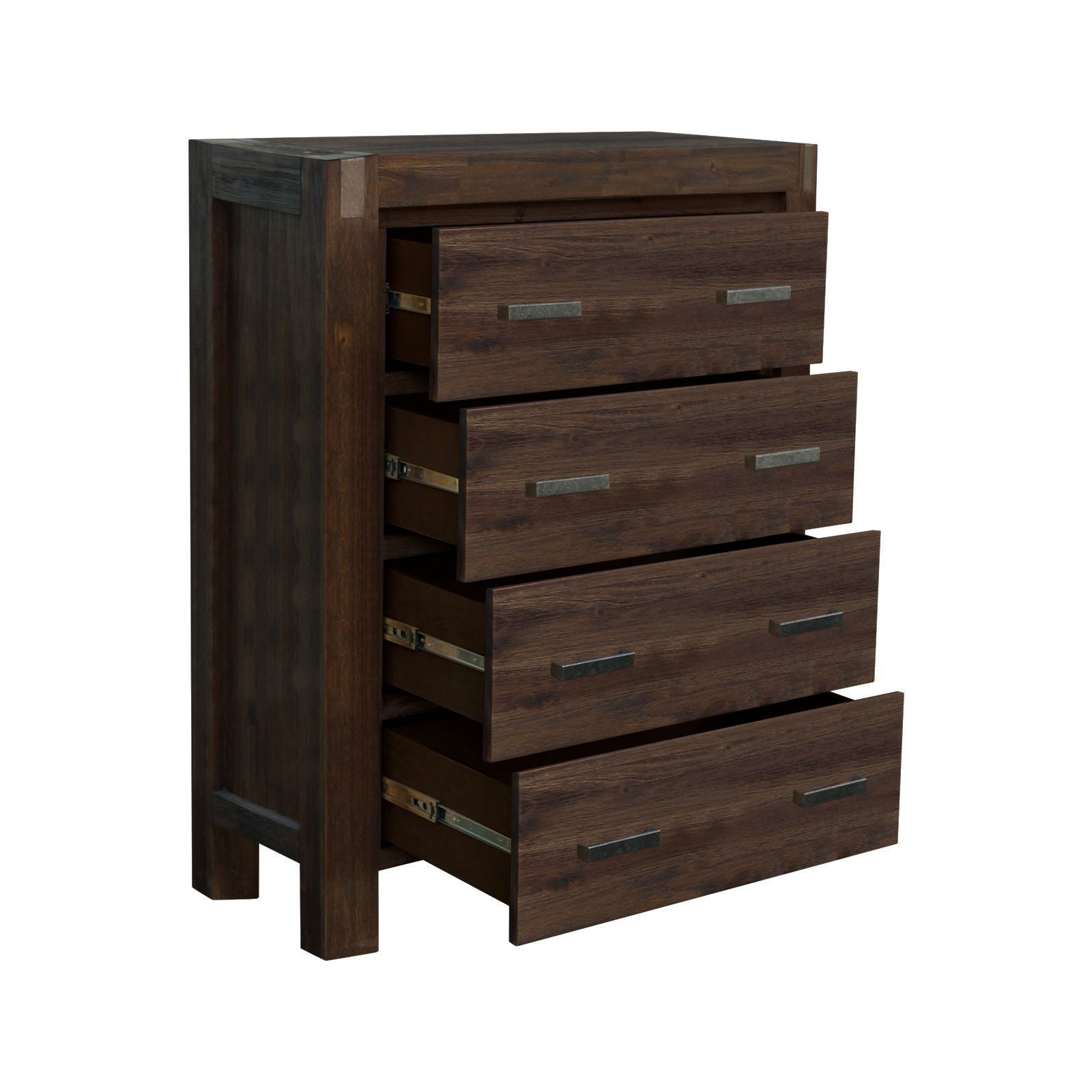 4 Pieces Bedroom Suite in Solid Wood Veneered Acacia Construction Timber Slat Double Size Chocolate Colour Bed, Bedside Table & Tallboy - Cosy Abode