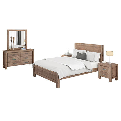 4 Pieces Bedroom Suite in Solid Wood Veneered Acacia Construction Timber Slat King Size Oak Colour Bed, Bedside Table & Dresser - Cosy Abode