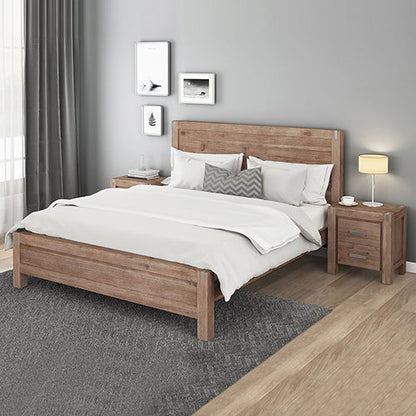 4 Pieces Bedroom Suite in Solid Wood Veneered Acacia Construction Timber Slat King Size Oak Colour Bed, Bedside Table & Tallboy - Cosy Abode
