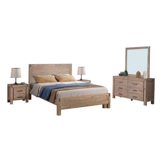 4 Pieces Bedroom Suite in Solid Wood Veneered Acacia Construction Timber Slat Queen Size Oak Colour Bed, Bedside Table & Dresser - Cosy Abode