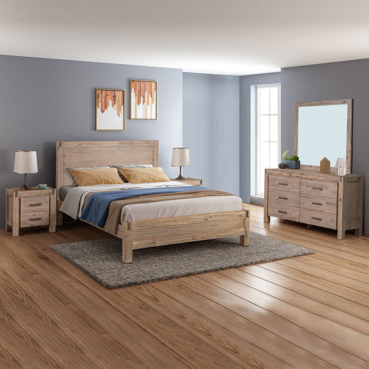 4 Pieces Bedroom Suite in Solid Wood Veneered Acacia Construction Timber Slat Queen Size Oak Colour Bed, Bedside Table & Dresser - Cosy Abode