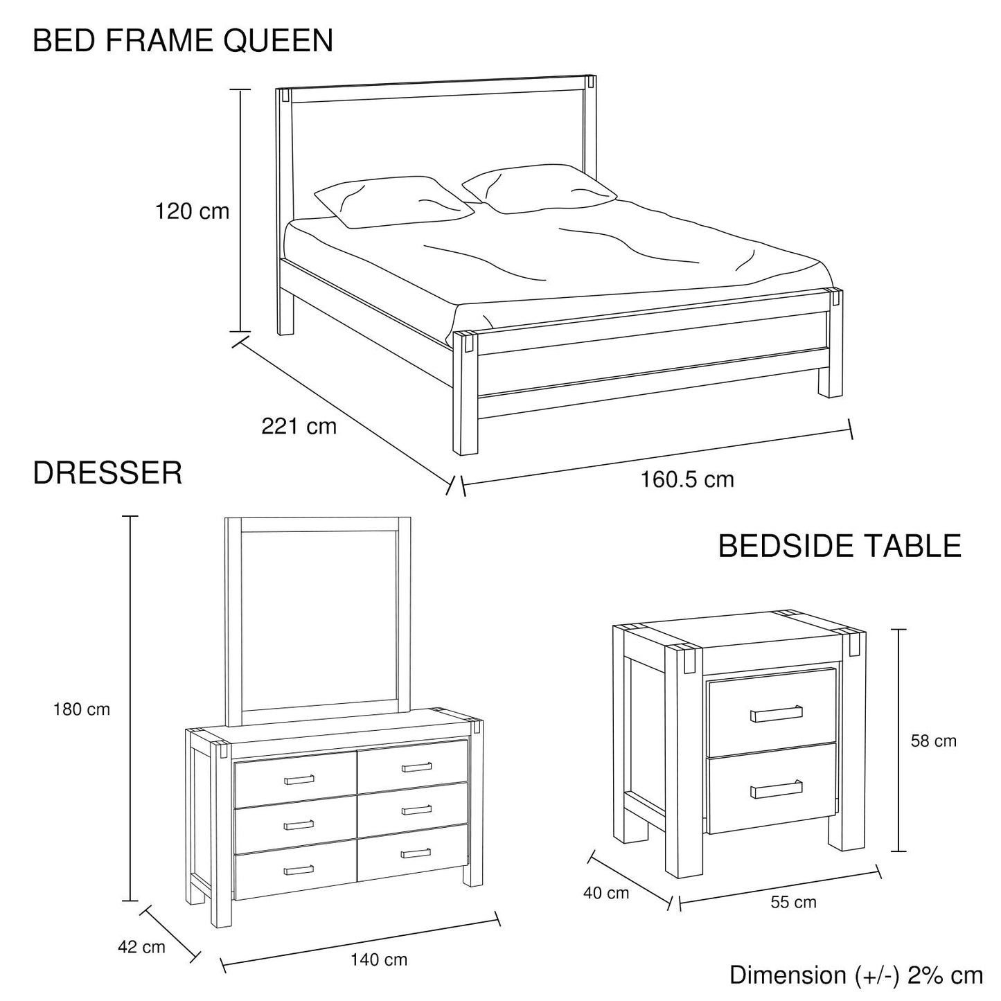 4 Pieces Bedroom Suite in Solid Wood Veneered Acacia Construction Timber Slat Queen Size Oak Colour Bed, Bedside Table & Dresser - Cosy Abode