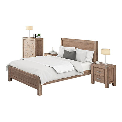 4 Pieces Bedroom Suite in Solid Wood Veneered Acacia Construction Timber Slat Single Size Oak Colour Bed, Bedside Table & Tallboy - Cosy Abode