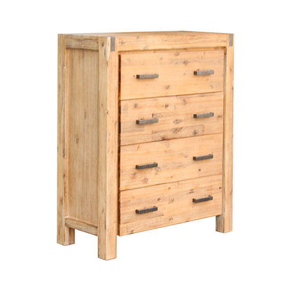 4 Pieces Bedroom Suite in Solid Wood Veneered Acacia Construction Timber Slat Single Size Oak Colour Bed, Bedside Table & Tallboy - Cosy Abode