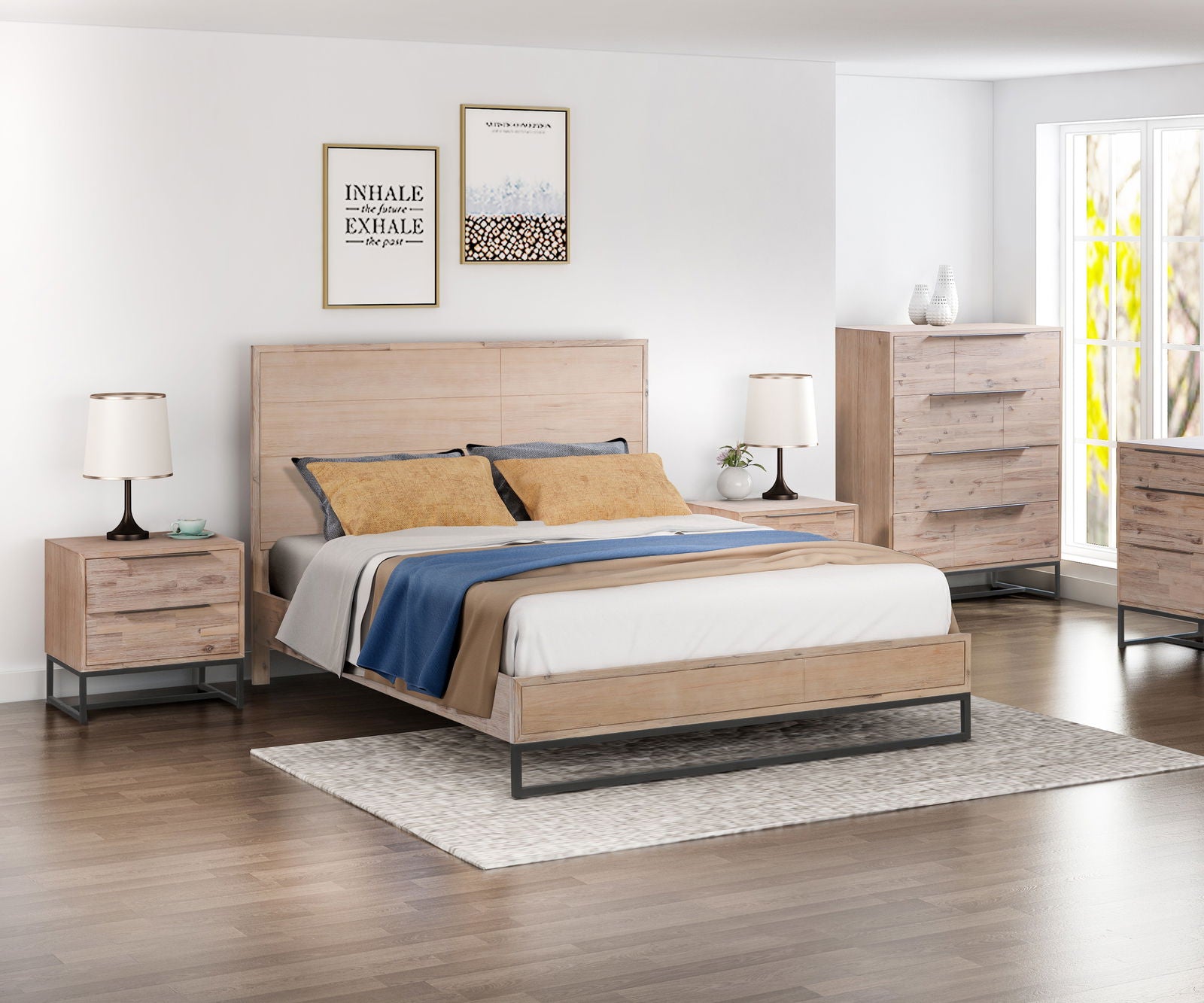 4 Pieces Bedroom Suite made in Solid Wood Acacia Veneered King Size Oak Colour 1X Bed, 2X Bedside Table & 1X Tallboy - Cosy Abode