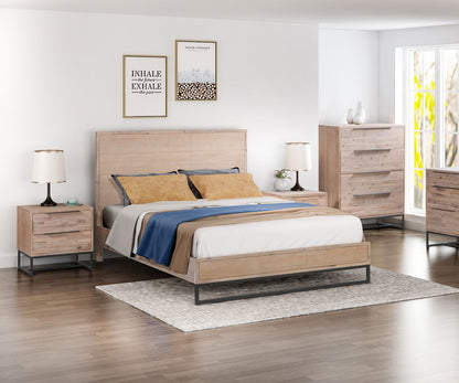 4 Pieces Bedroom Suite made in Solid Wood Acacia Veneered King Size Oak Colour 1X Bed, 2X Bedside Table & 1X Tallboy - Cosy Abode