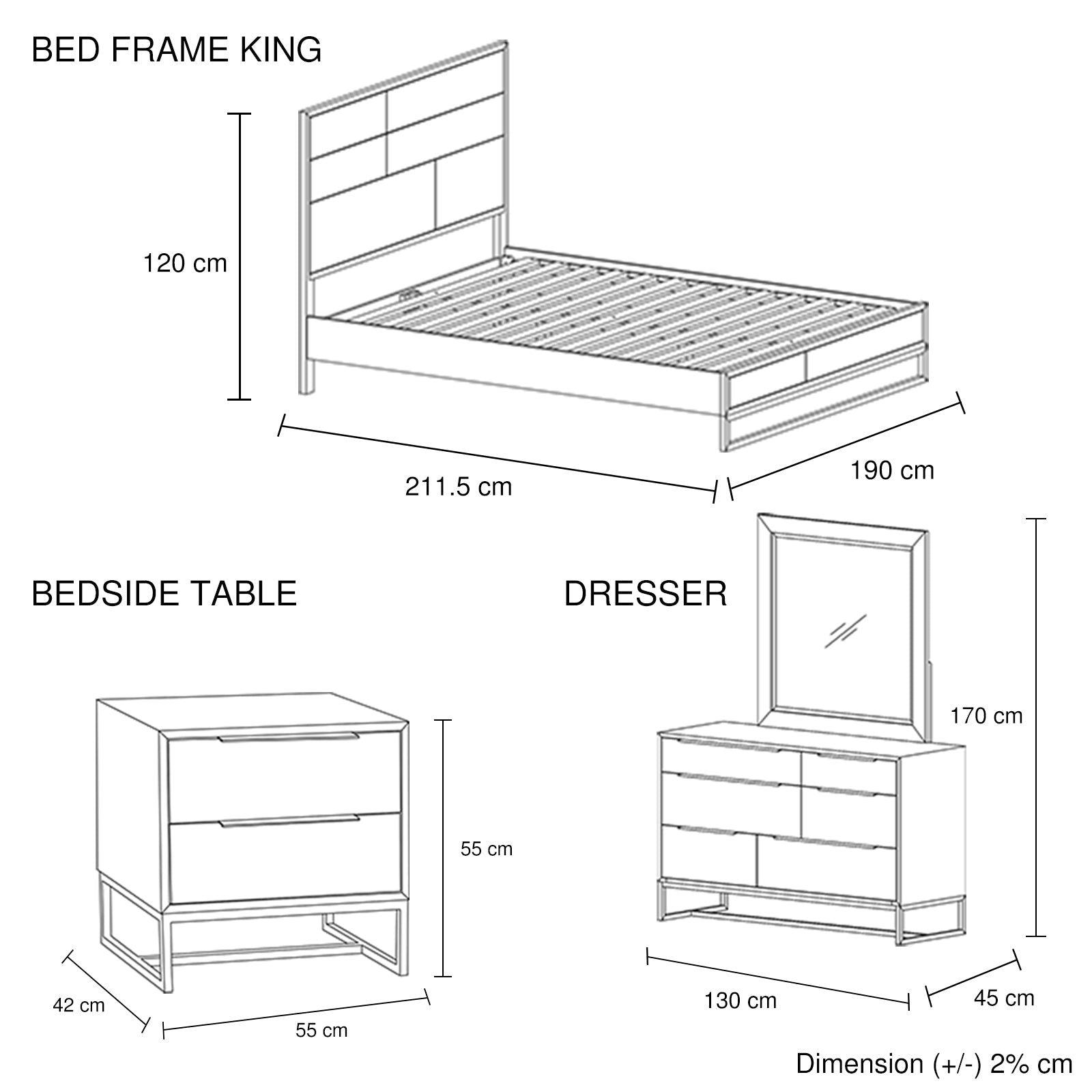 4 Pieces Bedroom Suite made in Solid Wood Acacia Veneered King Size Oak Colour Bed, Bedside Table & Dresser - Cosy Abode