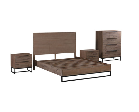 4 Pieces Bedroom Suite made in Solid Wood Acacia Veneered Queen Size Oak Colour 1XBed, 2X Bedside Table & 1XTallboy - Cosy Abode