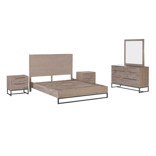 4 Pieces Bedroom Suite made in Solid Wood Acacia Veneered Queen Size Oak Colour Bed, Bedside Table & Dresser - Cosy Abode
