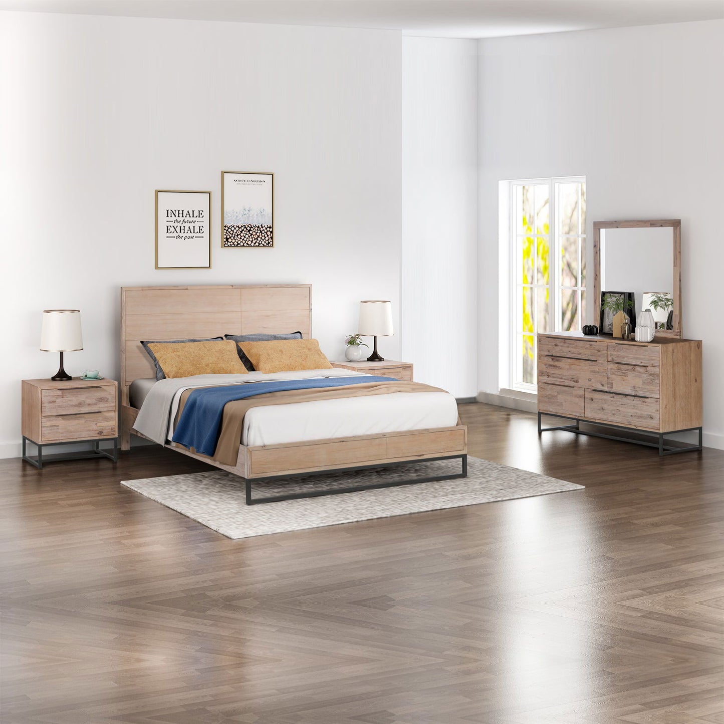 4 Pieces Bedroom Suite made in Solid Wood Acacia Veneered Queen Size Oak Colour Bed, Bedside Table & Dresser - Cosy Abode