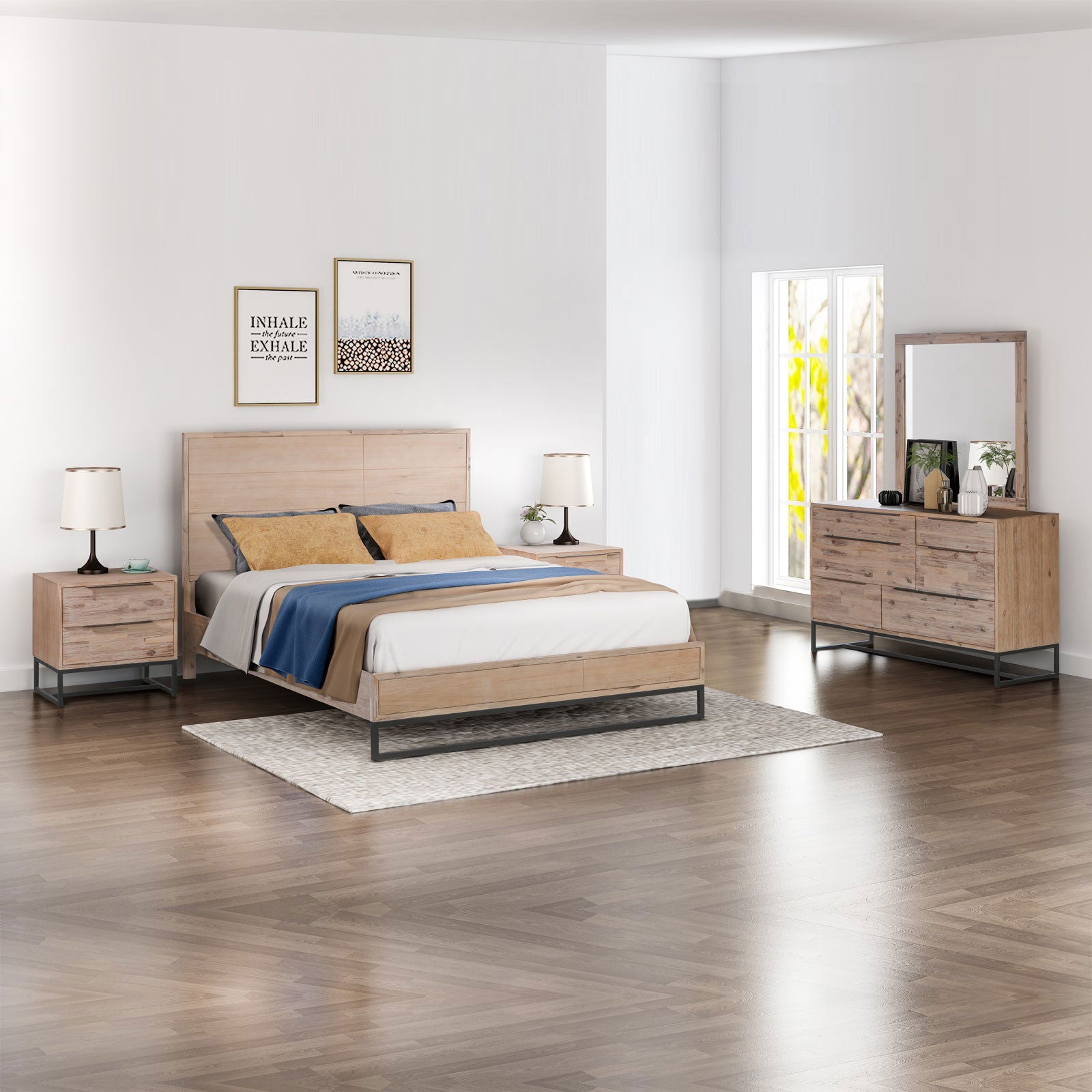 4 Pieces Bedroom Suite made in Solid Wood Acacia Veneered Queen Size Oak Colour Bed, Bedside Table & Dresser - Cosy Abode