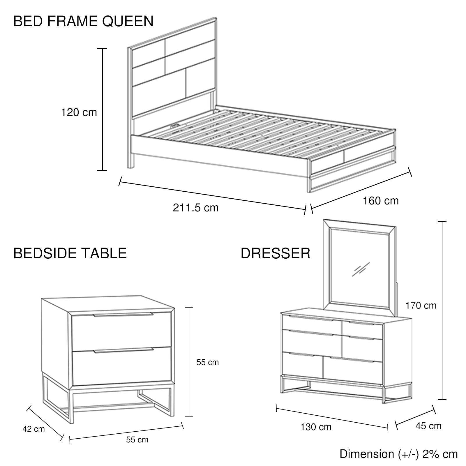 4 Pieces Bedroom Suite made in Solid Wood Acacia Veneered Queen Size Oak Colour Bed, Bedside Table & Dresser - Cosy Abode