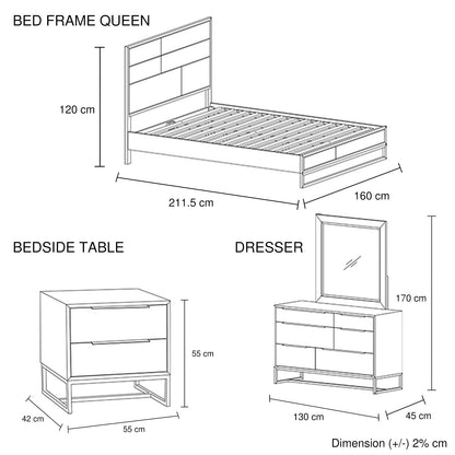 4 Pieces Bedroom Suite made in Solid Wood Acacia Veneered Queen Size Oak Colour Bed, Bedside Table & Dresser - Cosy Abode