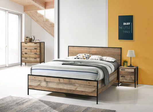 4 Pieces Bedroom Suite with Particle Board Contraction and Metal Legs Queen Size Oak Colour Bed, Bedside Table & Tallboy - Cosy Abode