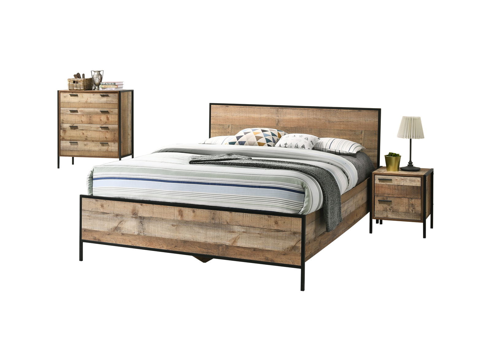 4 Pieces Bedroom Suite with Particle Board Contraction and Metal Legs Queen Size Oak Colour Bed, Bedside Table & Tallboy - Cosy Abode