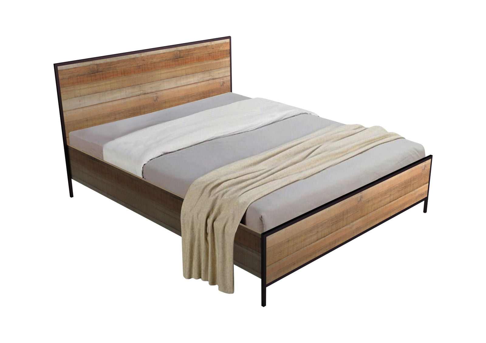 4 Pieces Bedroom Suite with Particle Board Contraction and Metal Legs Queen Size Oak Colour Bed, Bedside Table & Tallboy - Cosy Abode