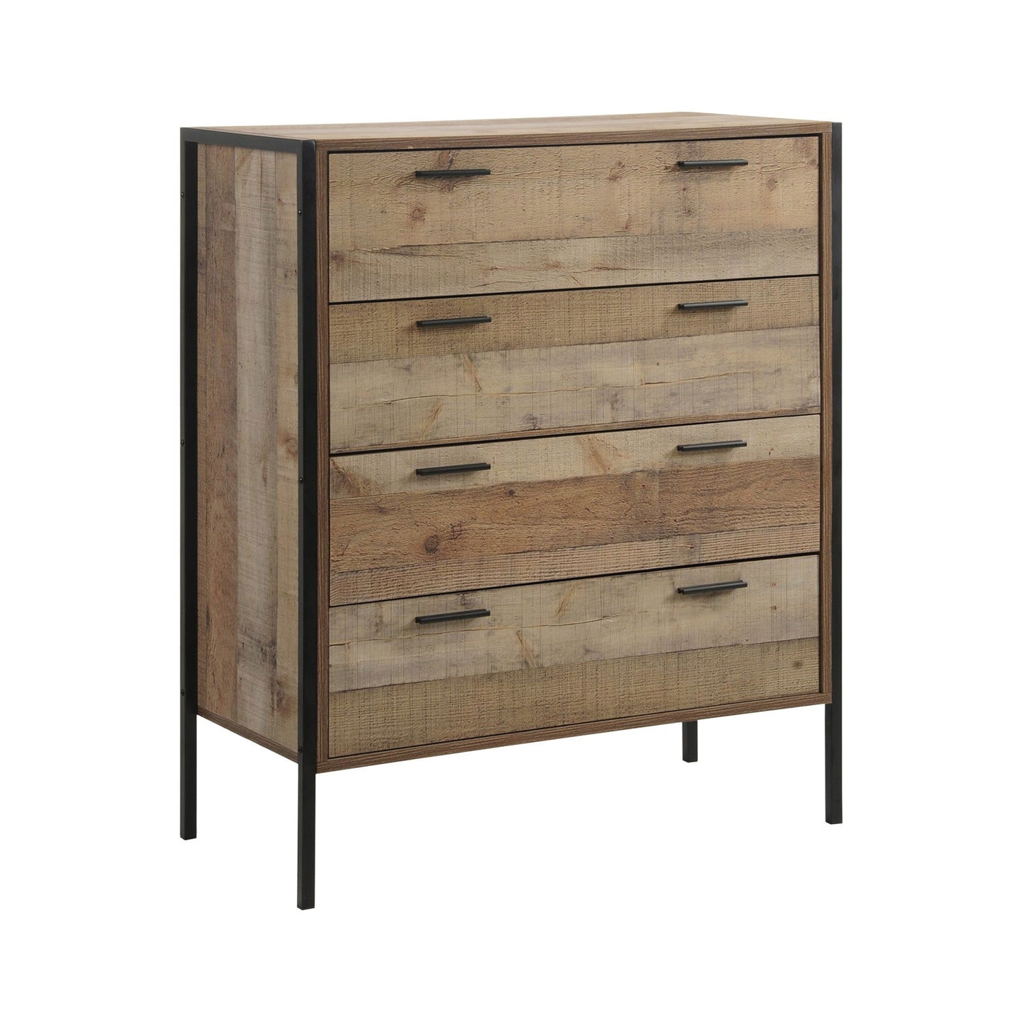 4 Pieces Bedroom Suite with Particle Board Contraction and Metal Legs Queen Size Oak Colour Bed, Bedside Table & Tallboy - Cosy Abode