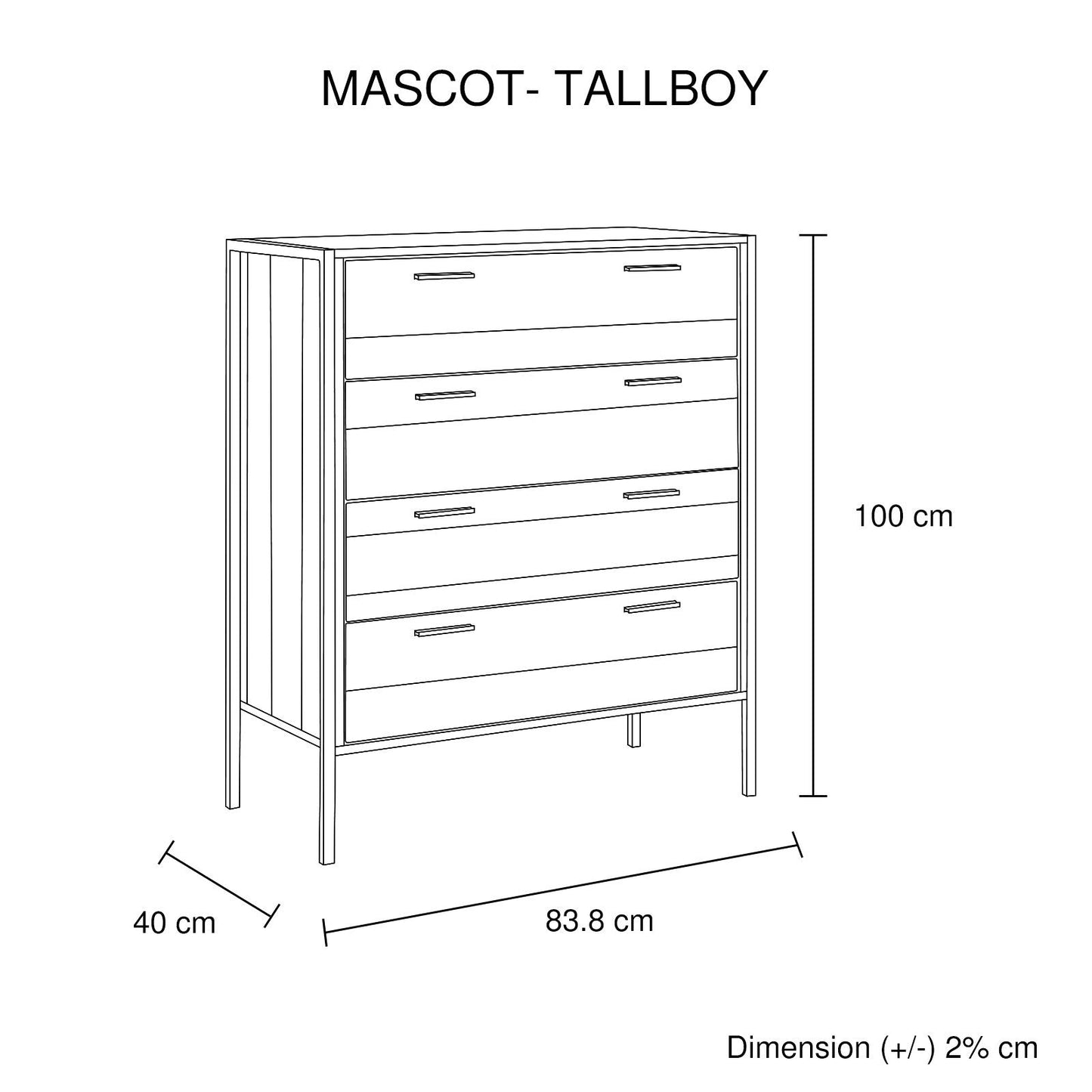 4 Pieces Bedroom Suite with Particle Board Contraction and Metal Legs Queen Size Oak Colour Bed, Bedside Table & Tallboy - Cosy Abode
