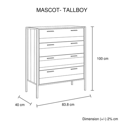 4 Pieces Bedroom Suite with Particle Board Contraction and Metal Legs Queen Size Oak Colour Bed, Bedside Table & Tallboy - Cosy Abode