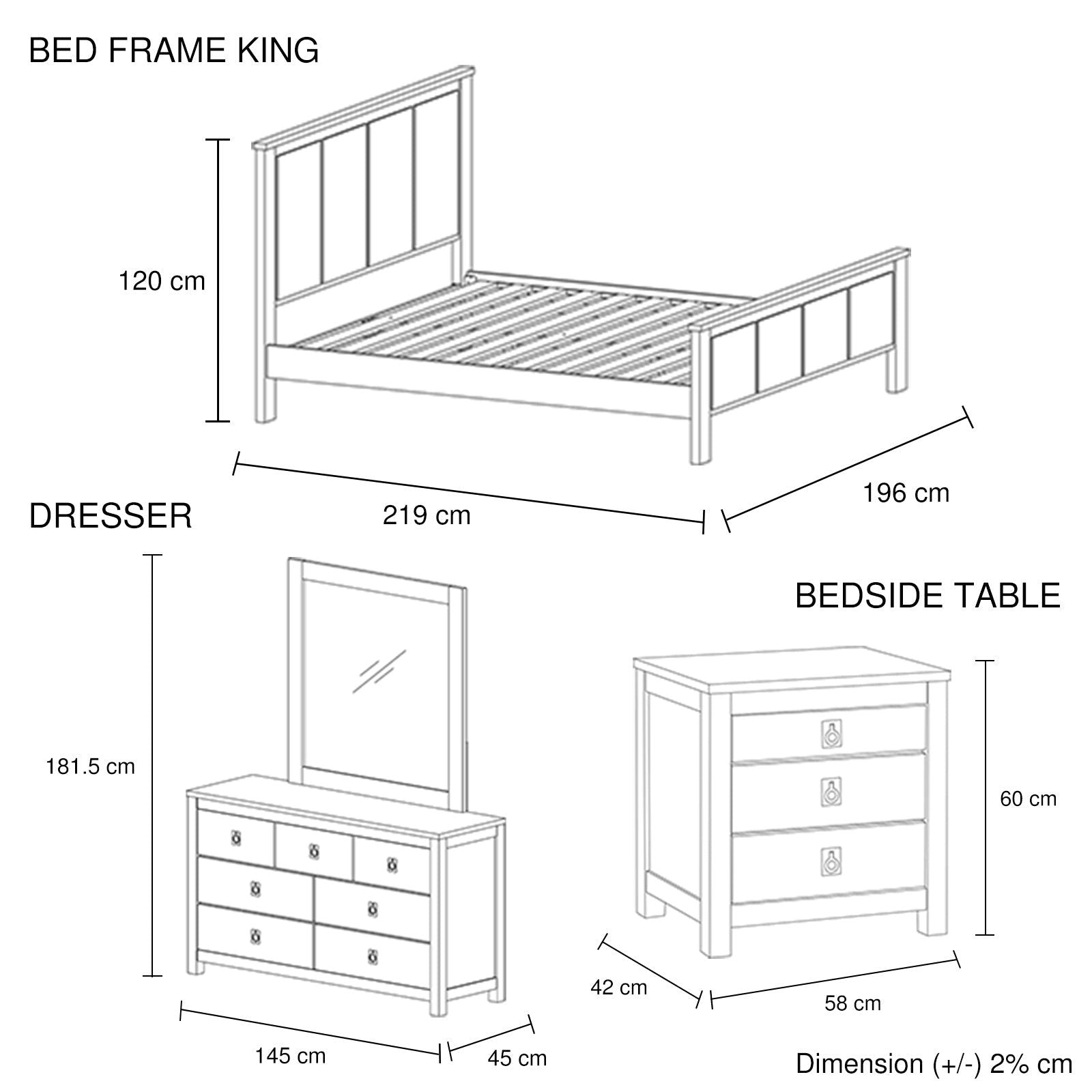 4 Pieces Bedroom Suite with Solid Acacia Wood Veneered Construction in King Size White Ash Colour Bed, Bedside Table & Dresser - Cosy Abode