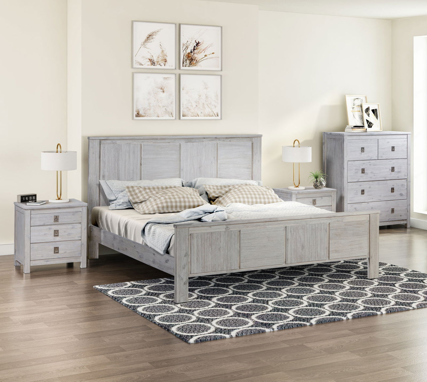 4 Pieces Bedroom Suite with Solid Acacia Wood Veneered Construction in King Size White Ash Colour Bed, Bedside Table & Tallboy - Cosy Abode